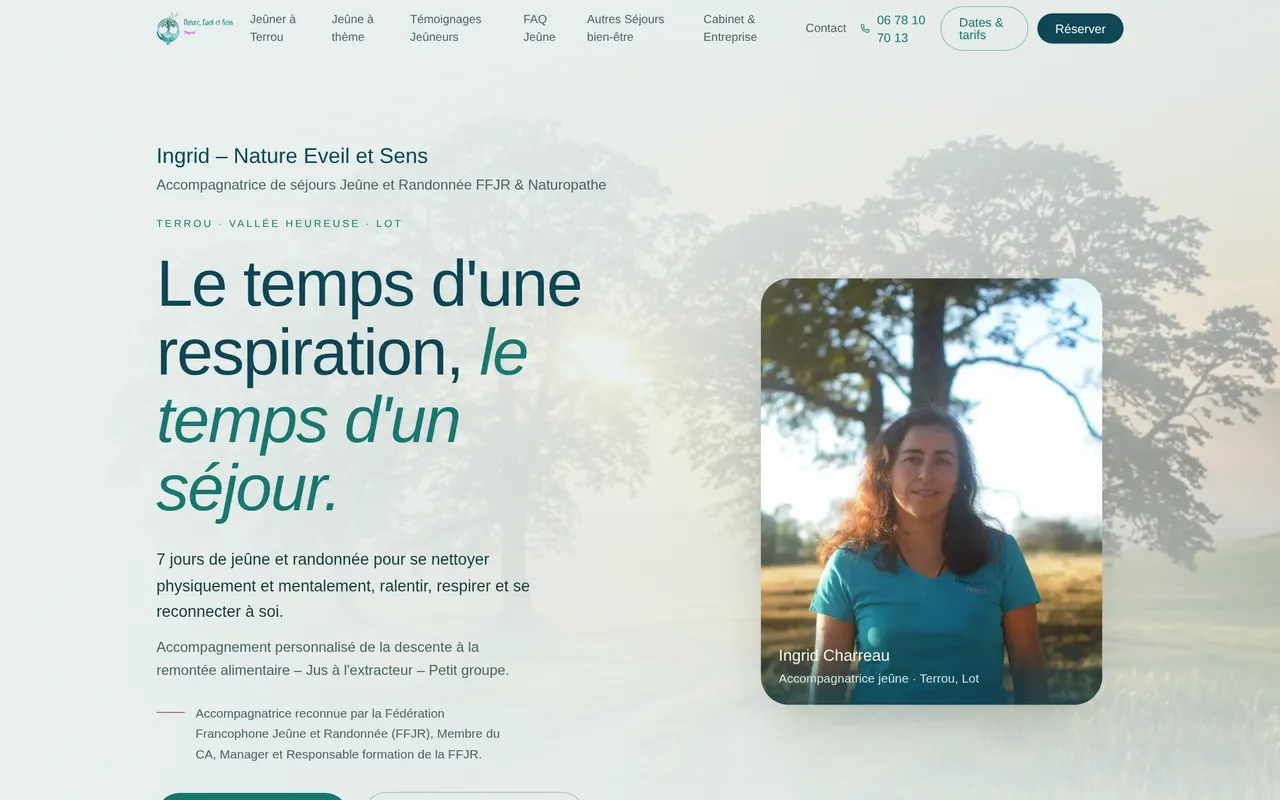 Aperçu du site natureeveiletsens.com — séjours jeûne et randonnée de Nature, Eveil et Sens à Terrou, dans le Lot